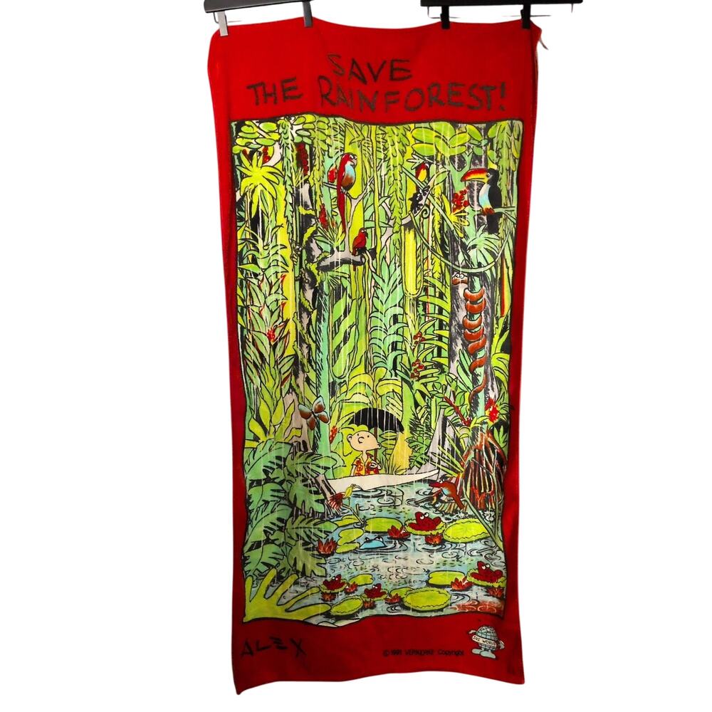 Vintage 90s 'Save The Rainforest' Graphic Green Red Cotton Beach Towel 60"x30.5"